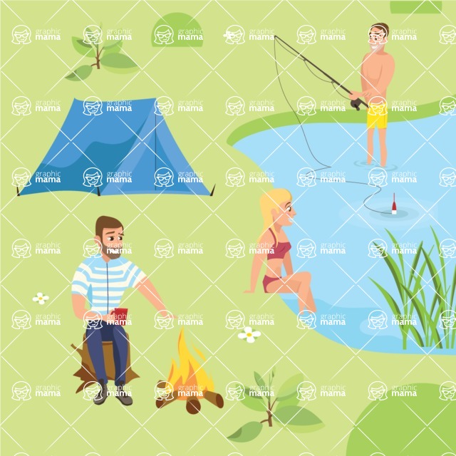 Nature Backgrounds, Patterns and Frames Themed Graphic Collection - Summer Camping Nature with Pond Illustration